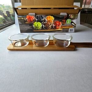 Home Essential set of 2 Acacia Serving Boards with 6 Glass Bowls